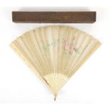 Large Victorian bone and silk brisee fan hand painted with flowers, 33cm in length Overall in
