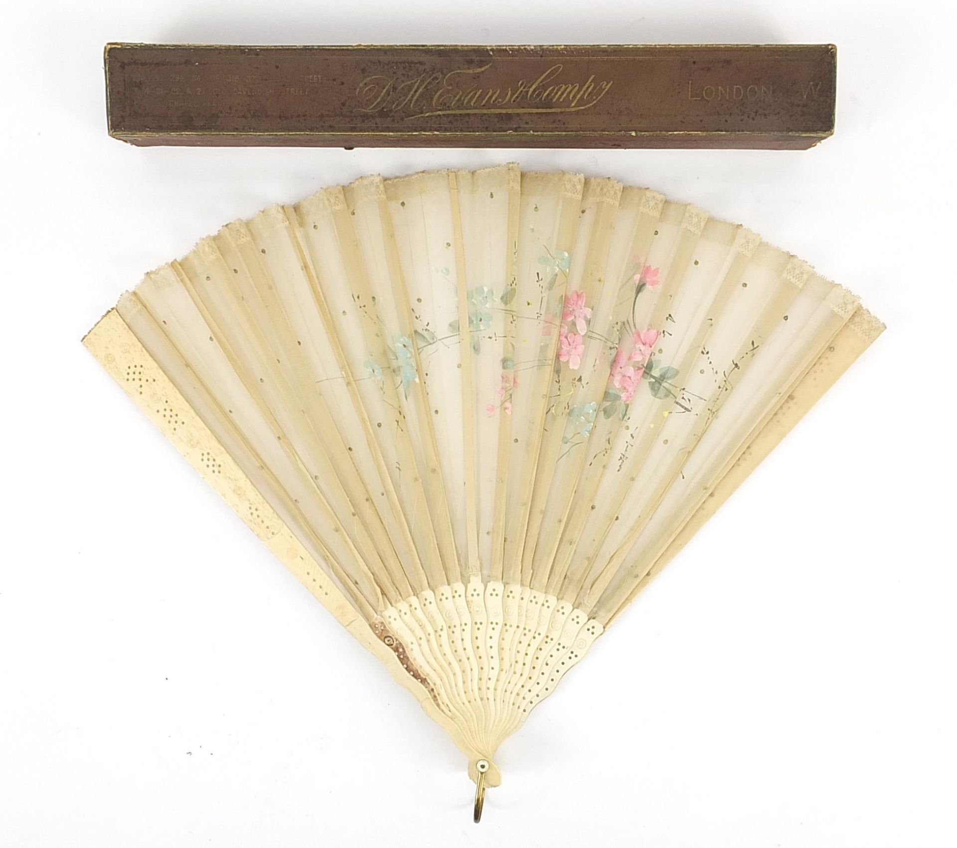 Large Victorian bone and silk brisee fan hand painted with flowers, 33cm in length Overall in