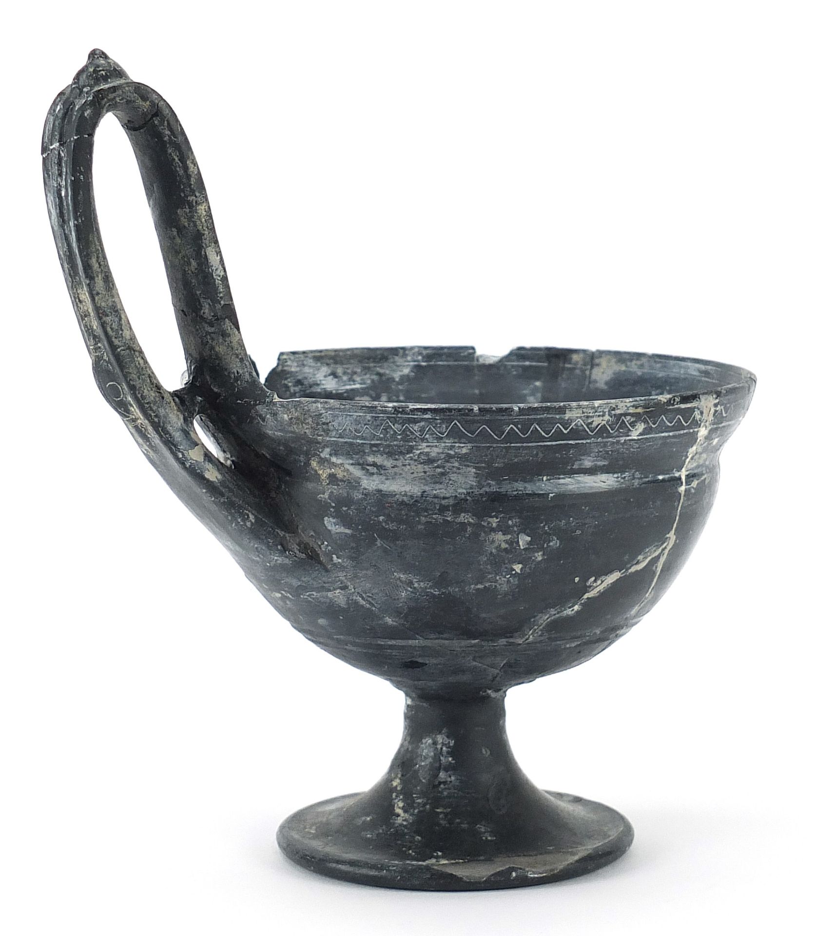 Antique Roman Blackware handled vessel, 18.5cm high - Image 2 of 4