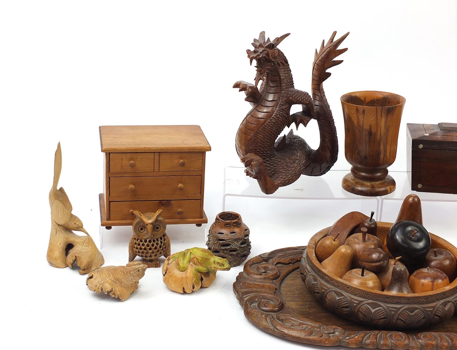 Woodenware including a Victorian rosewood tea caddy with twin divisional interior, carved fruit, - Image 2 of 4