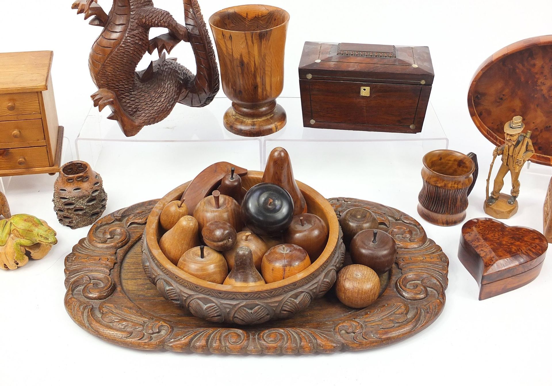 Woodenware including a Victorian rosewood tea caddy with twin divisional interior, carved fruit, - Image 3 of 4