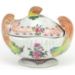 Chinese porcelain sauce tureen with pineapple finial hand painted in the famille rose palette with