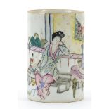 Chinese porcelain brush pot hand painted in the famille rose palette with two figures in an