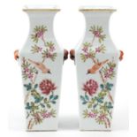 Pair of Chinese porcelain square section vases with animalia handles hand painted with flowers and