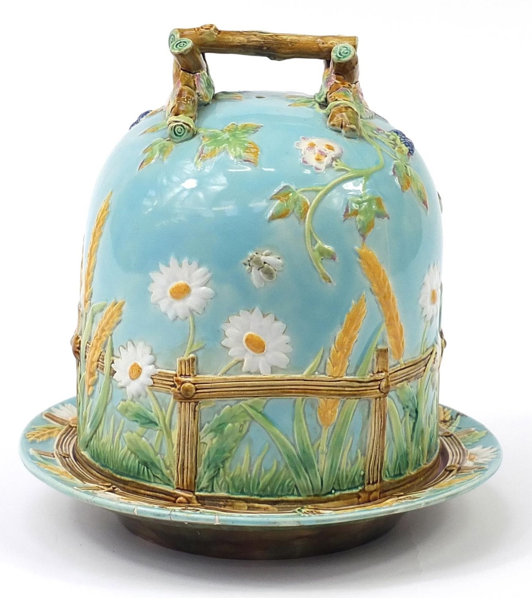 George Jones for Crescent, Victorian Majolica cheese dome on stand hand painted with insects and - Image 2 of 5