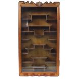 Chinese carved hardwood wall hanging display cabinet with glazed door, 84cm H x 45.5cm W x 9cm D