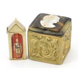 Neo Classical design gilt metal box with hinged lid and a vesta case in the form of a sentry box,