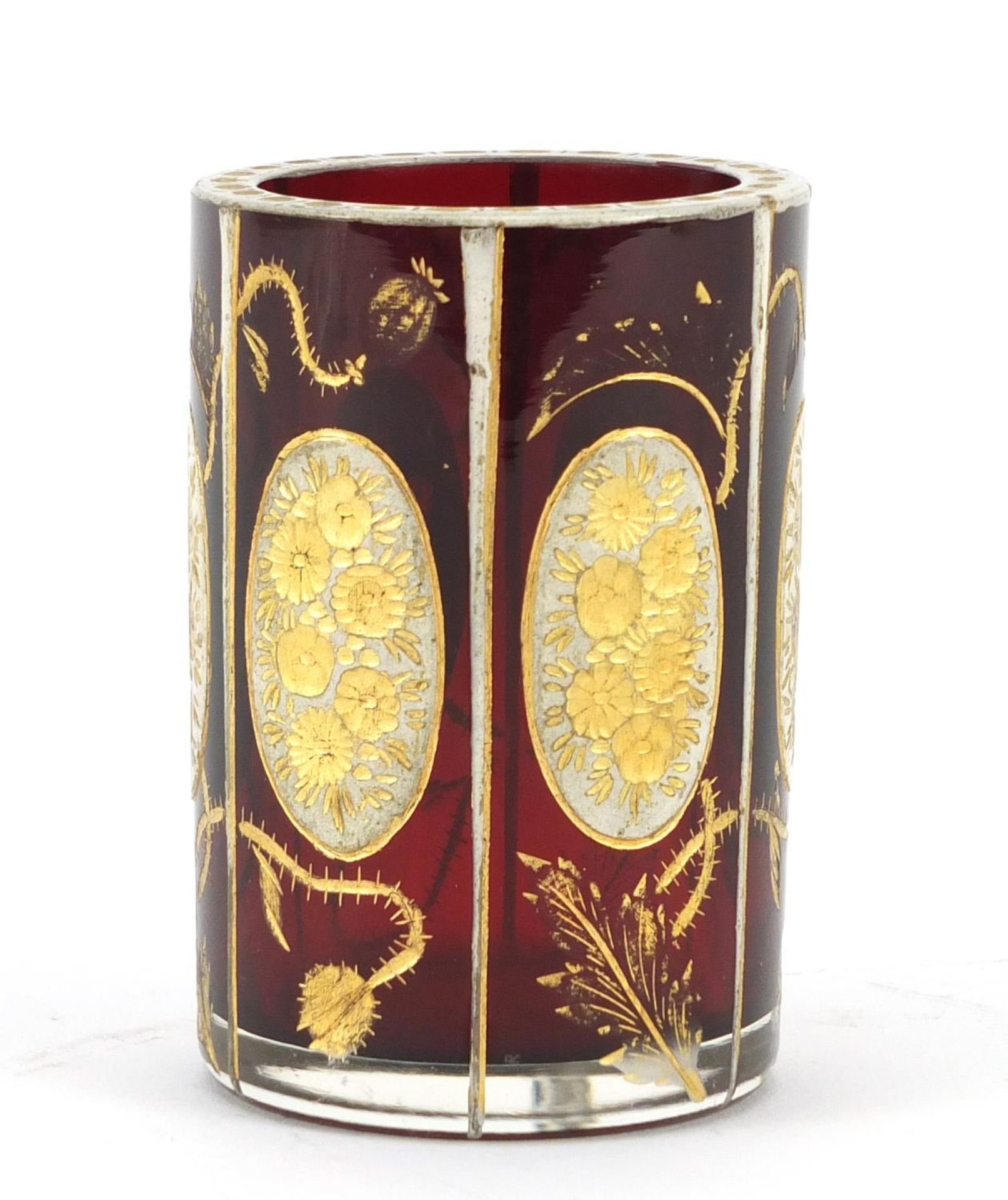 Bohemian ruby glass vase, gilded with flowers and thistles, 7.5cm high There are a few small chips