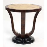 Circular Art Deco design walnut and bird's eye maple effect occasional table, 58cm high x 59.5cm