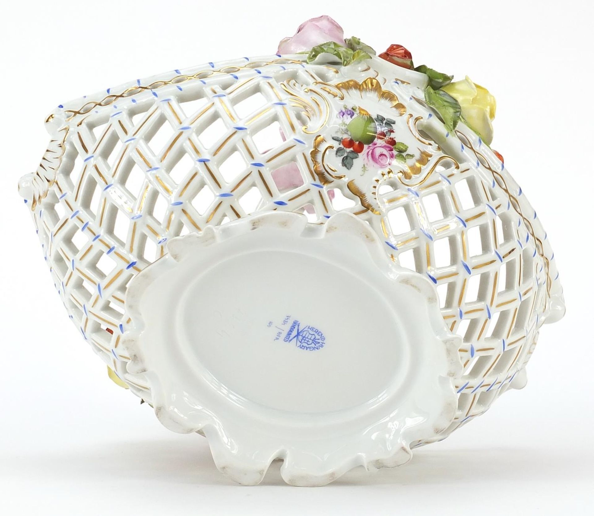 Herend, Hungarian porcelain floral encrusted pierced basket hand painted with flowers and fruit, - Image 3 of 3
