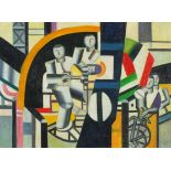 Manner of Fernand Leger - Surreal composition with figures and geometric shapes, French school oil