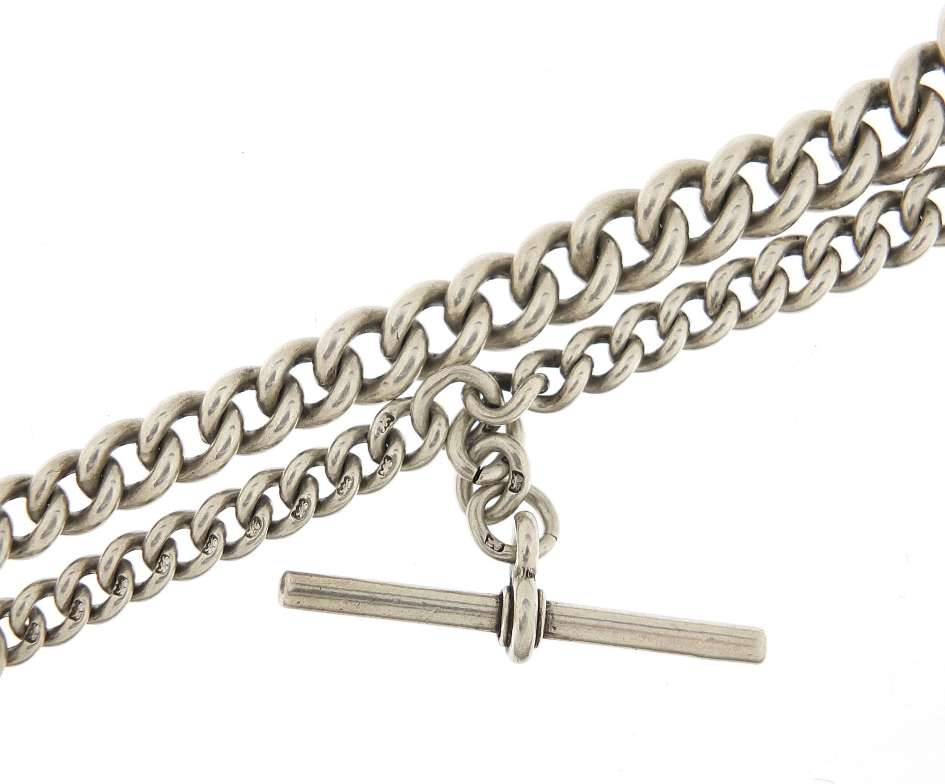 Graduated silver watch chain with T bar, 32cm in length, 45.0g