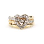 9ct gold diamond love heart ring, size Q, 5.6g