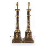 Pair of Regency design table lamps hand painted in the chinoiserie manner with figures, 59cm high