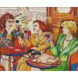 Princess Diana and Janet Street Porter seated at a table, 1980's oil on canvas, indistinctly signed,