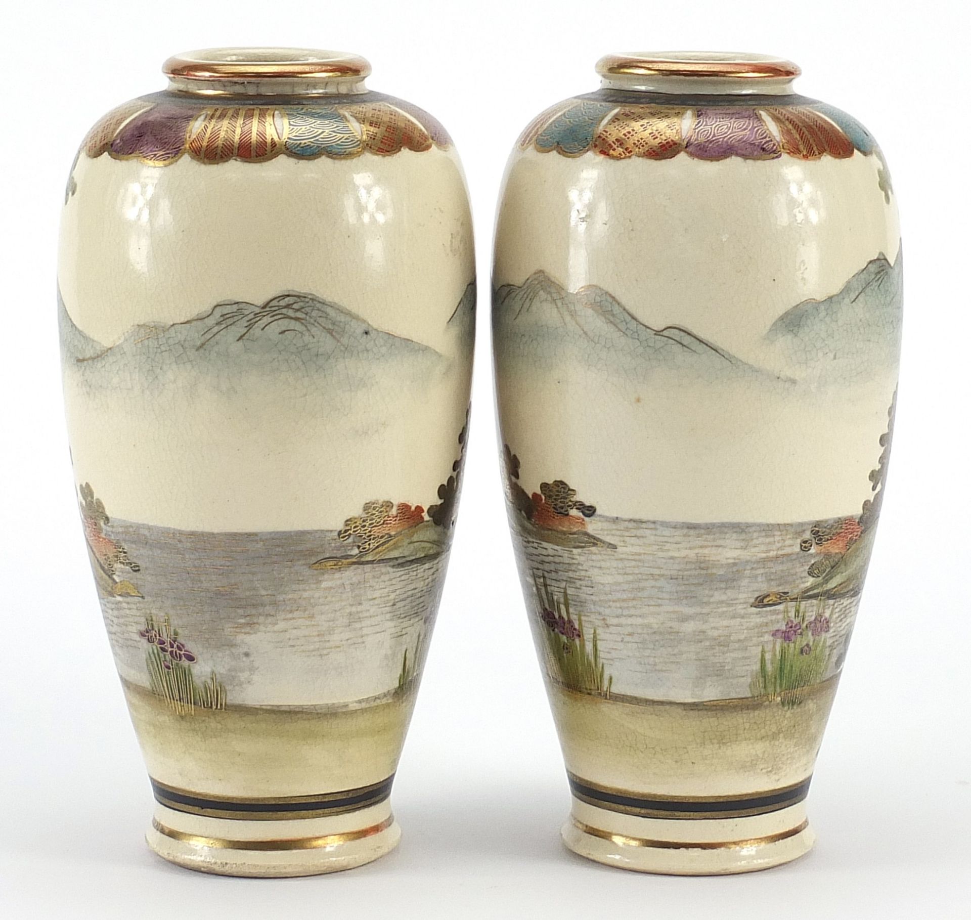 Pair of Japanese Satsuma pottery vases hand painted with Geishas in landscapes, character marks to - Image 2 of 3