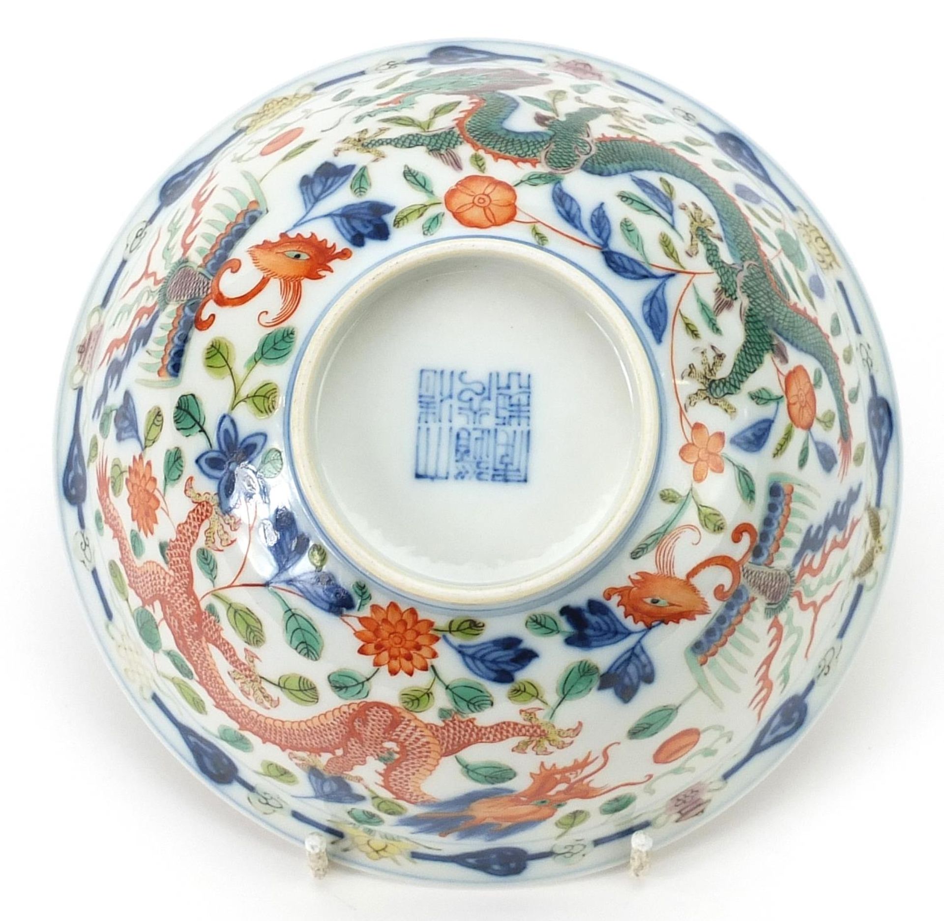 Chinese doucai porcelain bowl finely hand painted with phoenixes and dragons amongst flowers, six - Image 4 of 4