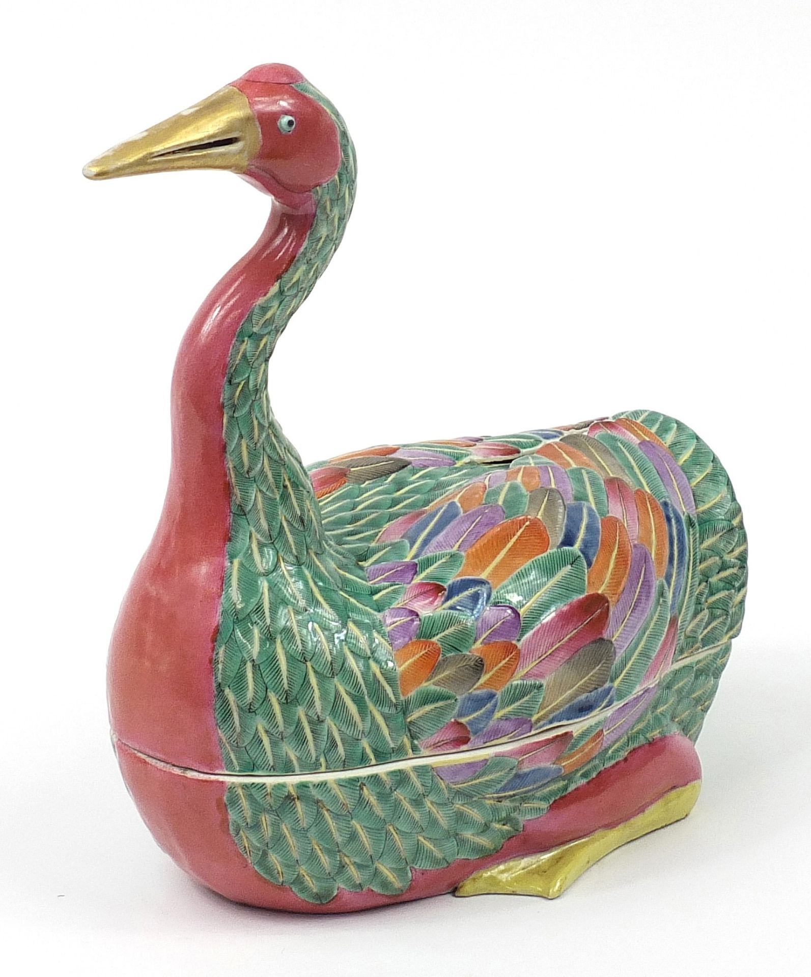 Large Chinese Canton porcelain goose box and cover hand painted in the famille rose palette, 34cm