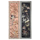 Pair of Chinese silk panels embroidered with birds and flowers, mounted, framed and glazed, each