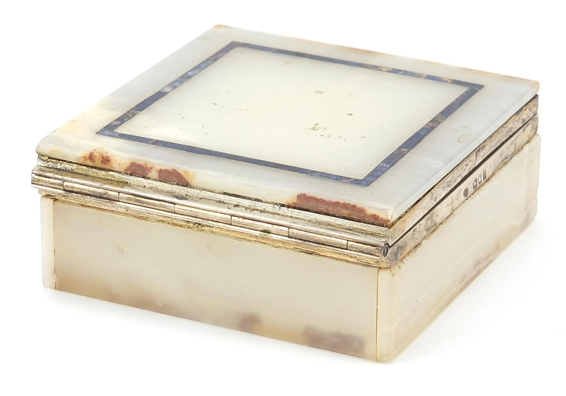 Silver mounted onyx and lapis lazuli cigarette box, 4.5cm H x 9.5cm W x 10cm D One of the front - Image 2 of 3
