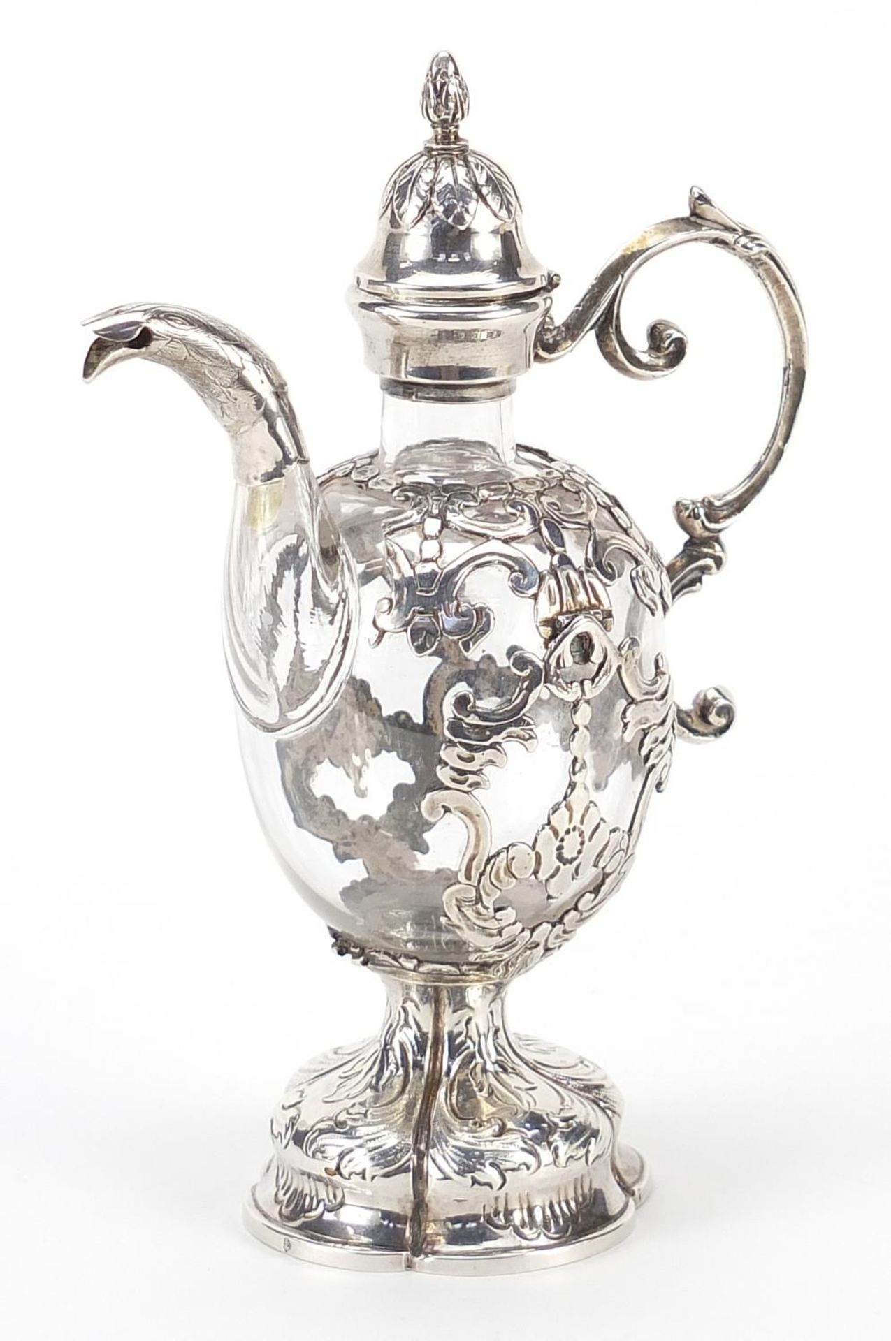 French silver overlaid glass miniature ewer, 15.5cm high