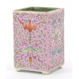 Chinese porcelain pink ground square section brush pot hand painted with bats and flower heads