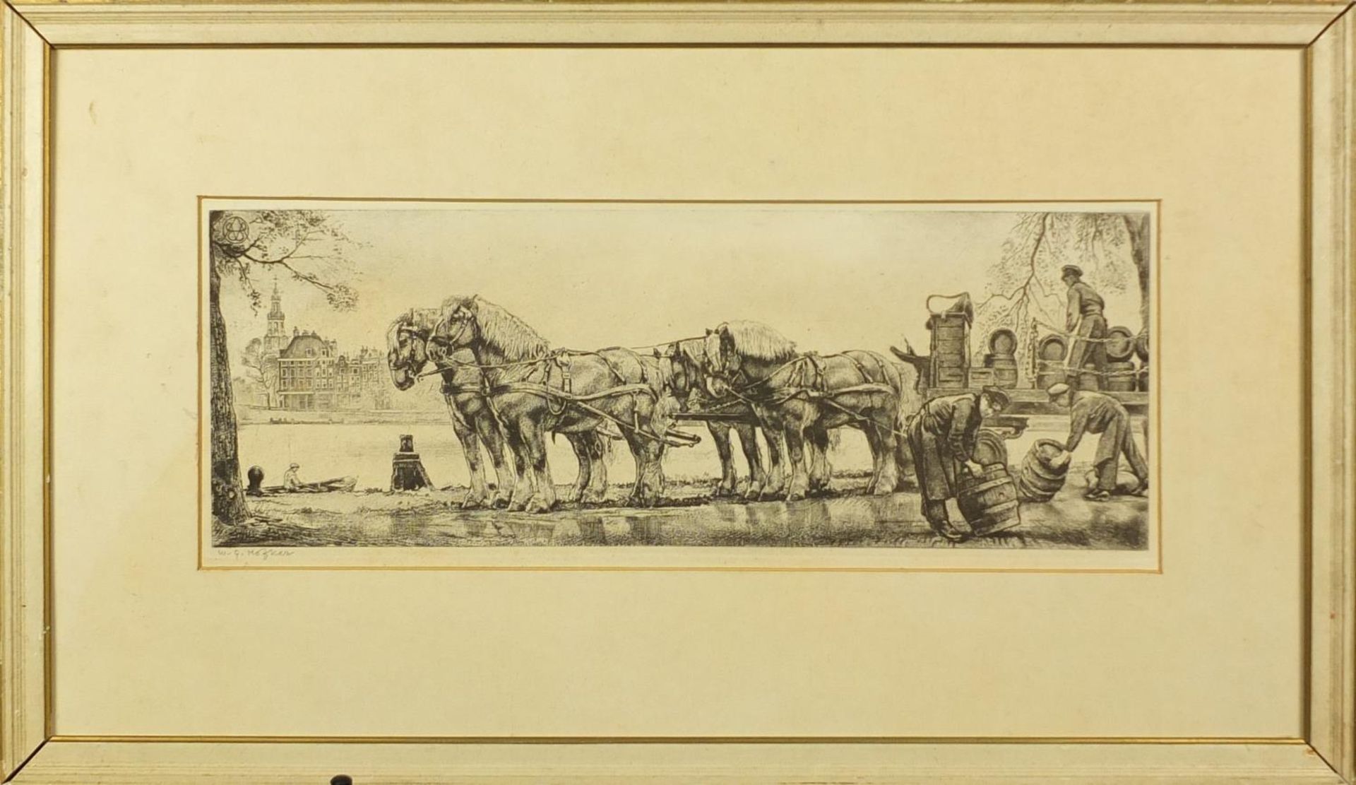 WG Hofker - Draymen unloading horse and cart before canal, Continental etching in white painted - Bild 2 aus 4