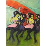 Four females dancing, oil on canvas, mounted and framed, 48.5cm x 37cm excluding the mount and frame