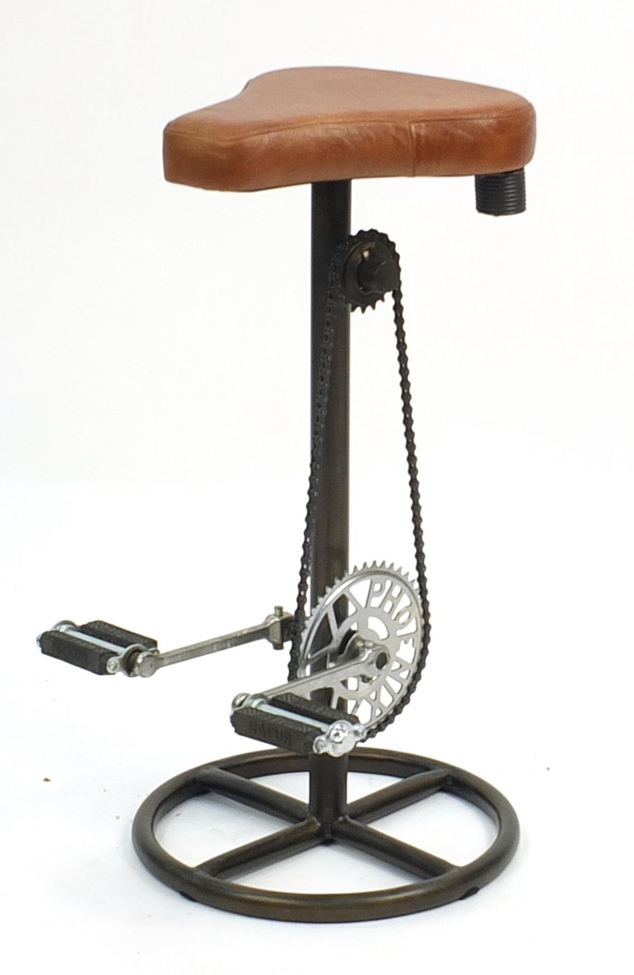 Industrial bar stool with bicycle pedal and chain footrest, 74cm high