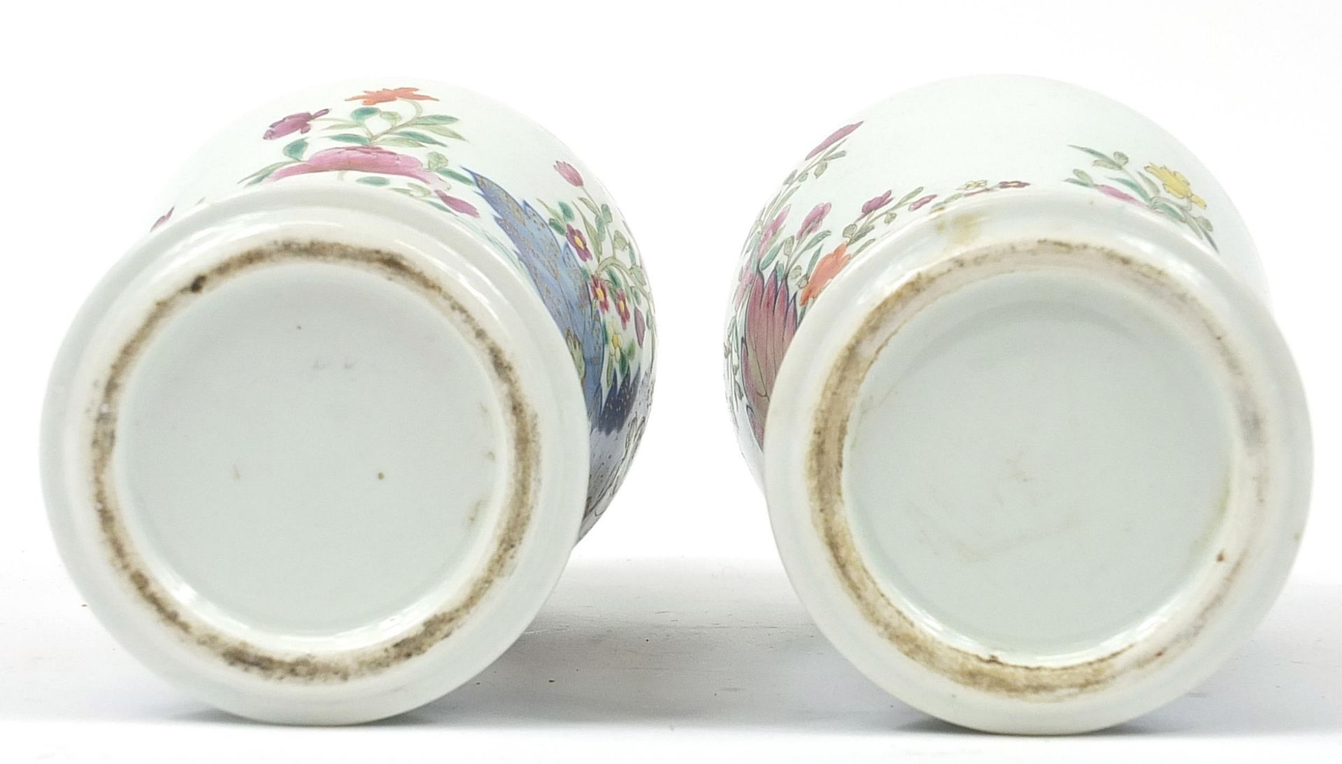 Pair of Chinese underglaze blue and famille rose porcelain baluster vases hand painted with flowers, - Image 3 of 3