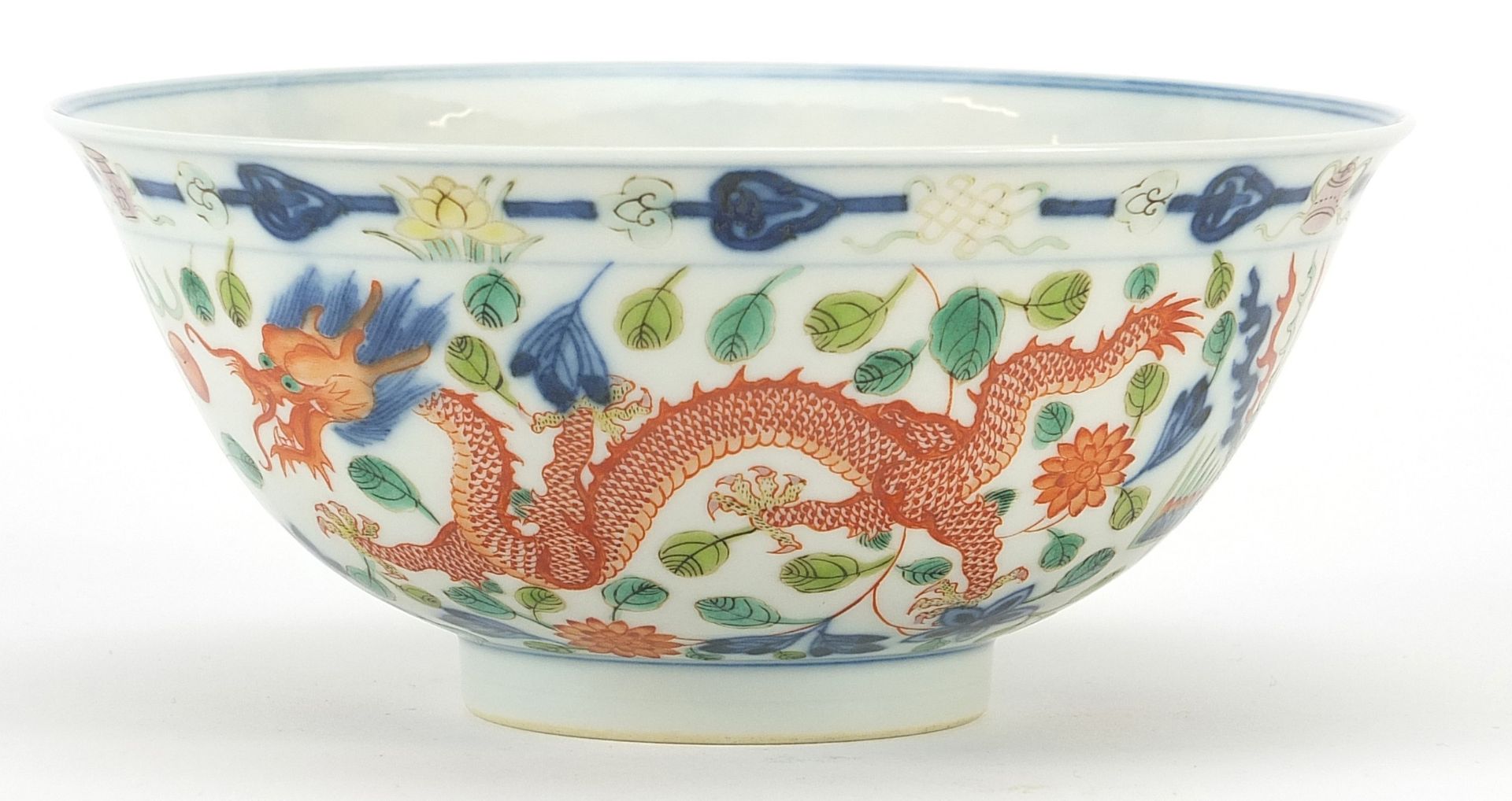 Chinese doucai porcelain bowl finely hand painted with phoenixes and dragons amongst flowers, six