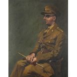 Portrait of a seated gentlemen wearing military dress holding a swagger stick, oil on board, mounted