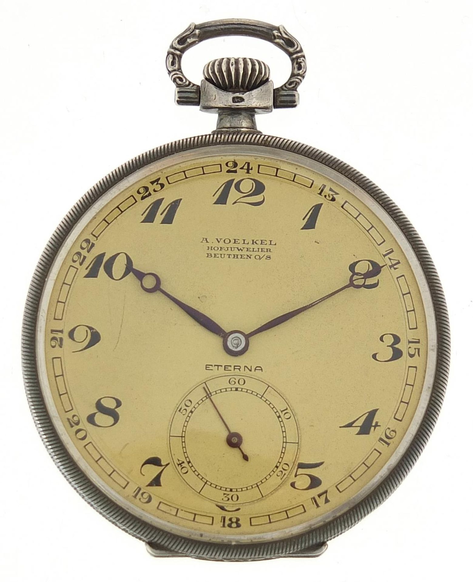 Eterna, Art Deco silver open face pocket watch retailed by A Voelkel, the movement numbered 2533871,