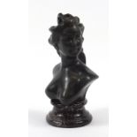 Patinated bronze bust of a nude Art Nouveau female raised on a variegated marble base, 25cm high