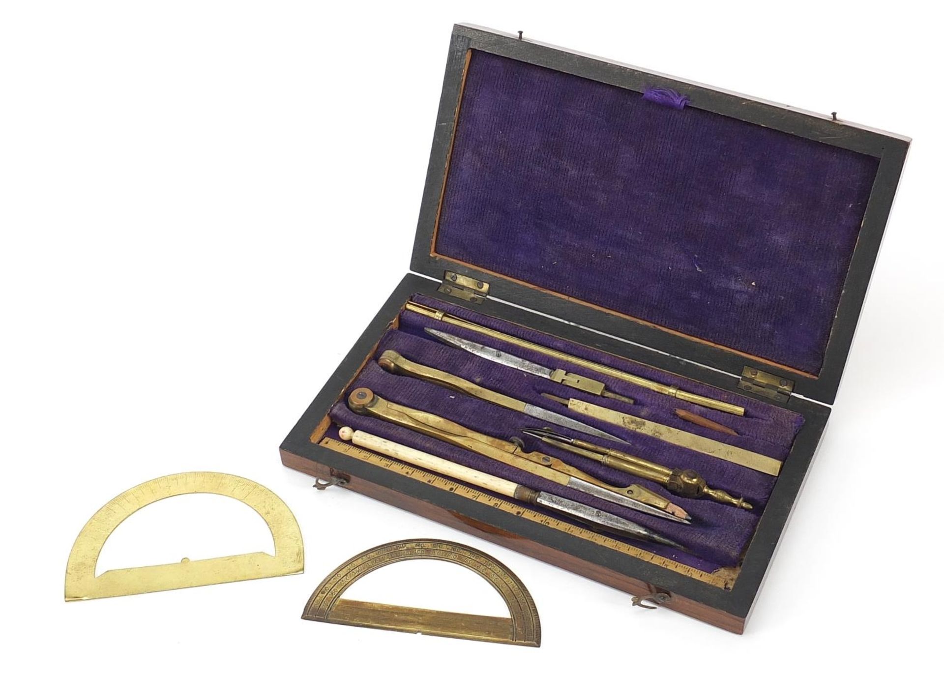 Early 19th century rosewood drawing set with implements including two protractors, 20cm wide