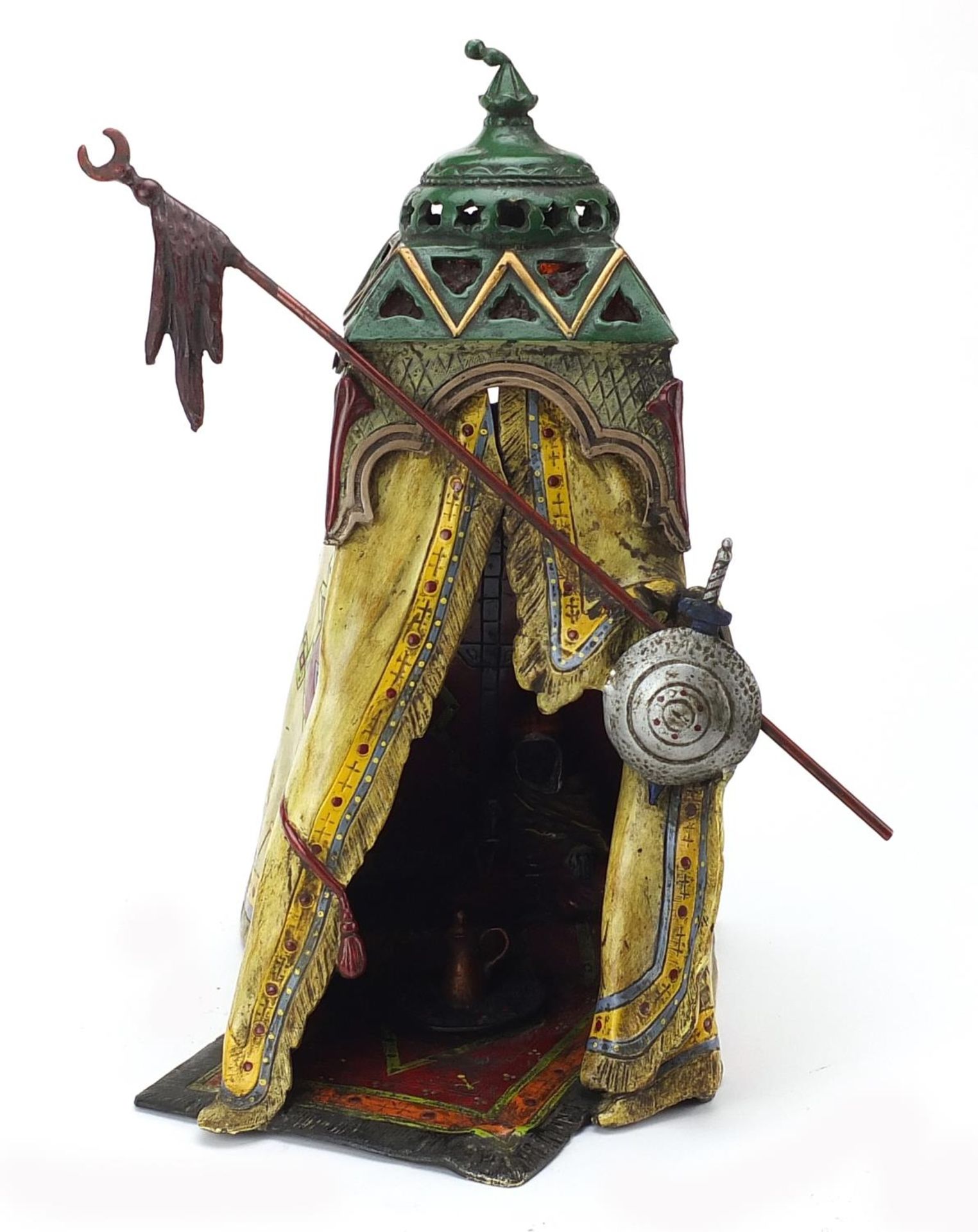 Large cold painted bronze study of an Arab sitting in a tent in the style of Franz Xaver Bergmann,
