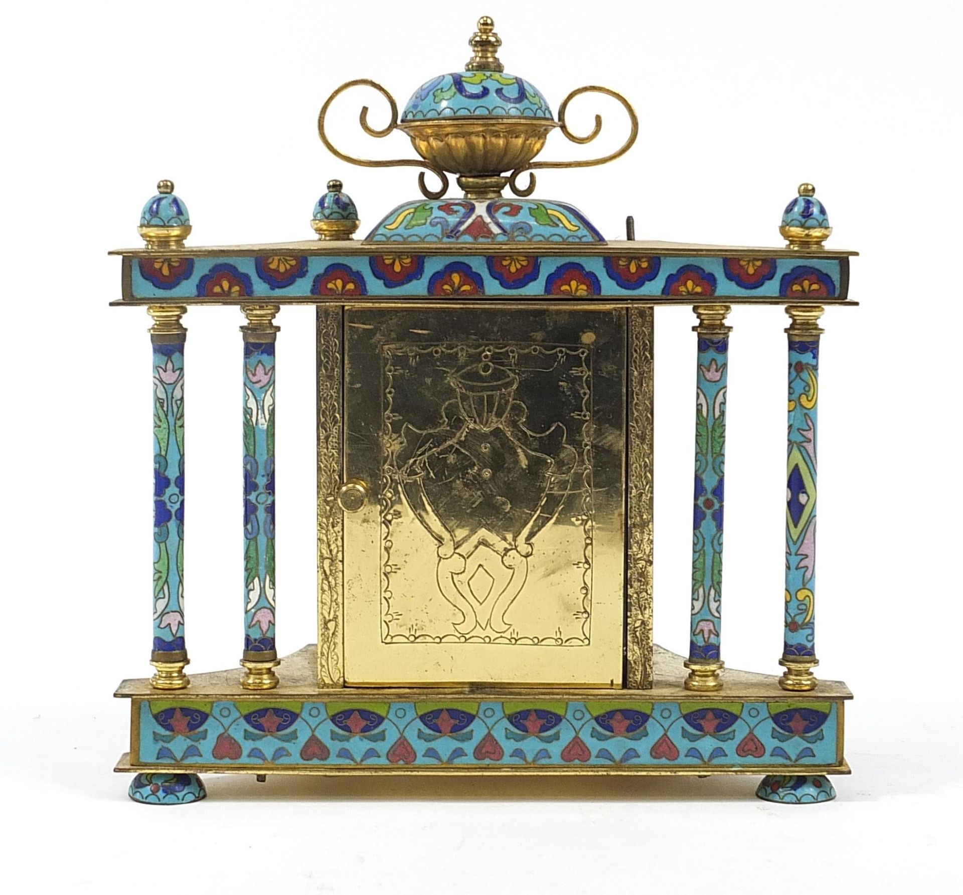 Champleve enamel and brass mantle clock with urn finial and circular dial having Roman and Arabic - Image 2 of 3