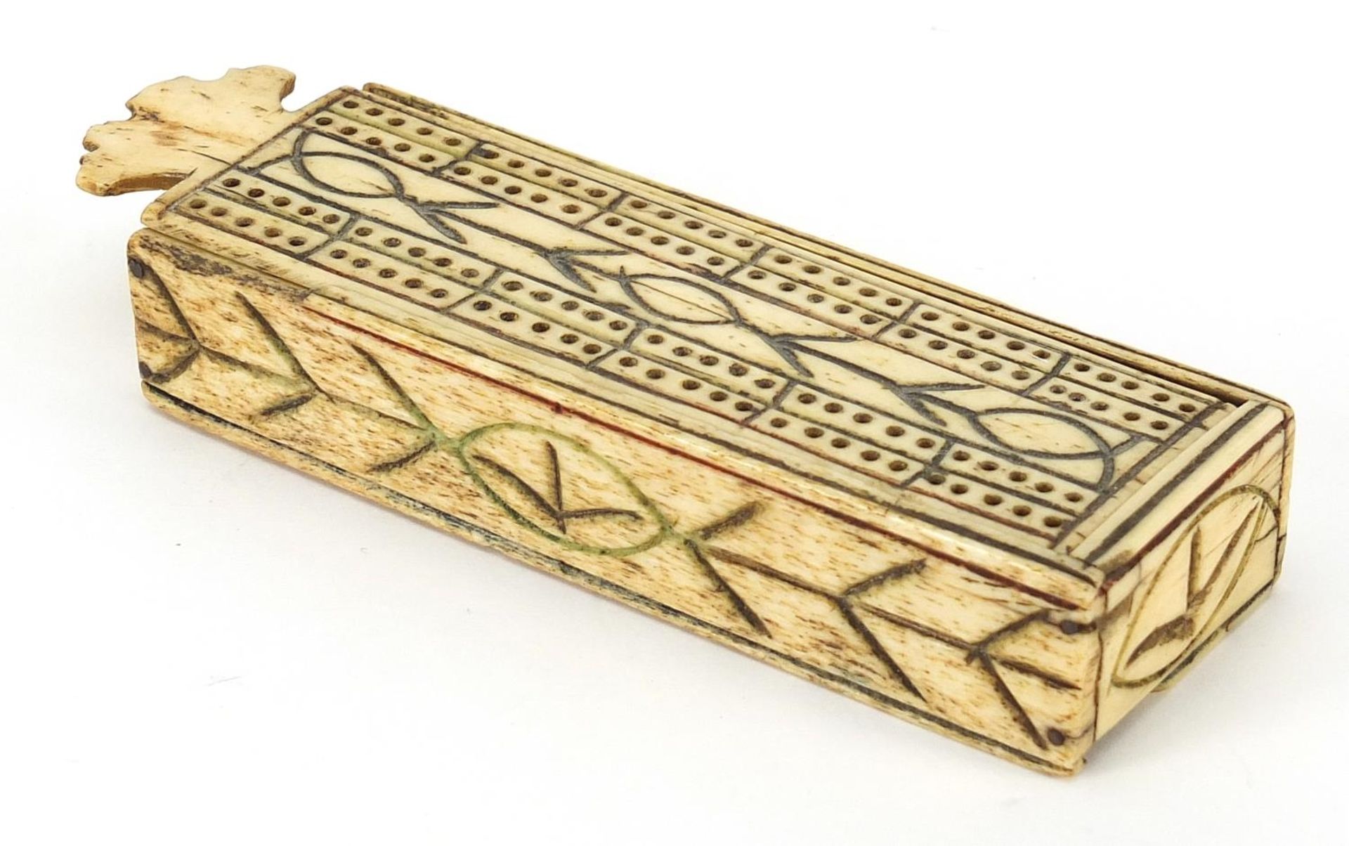 Antique prisoner of war bone dominoes housed in a cribbage board with slide lid, 13cm wide There are - Image 4 of 4