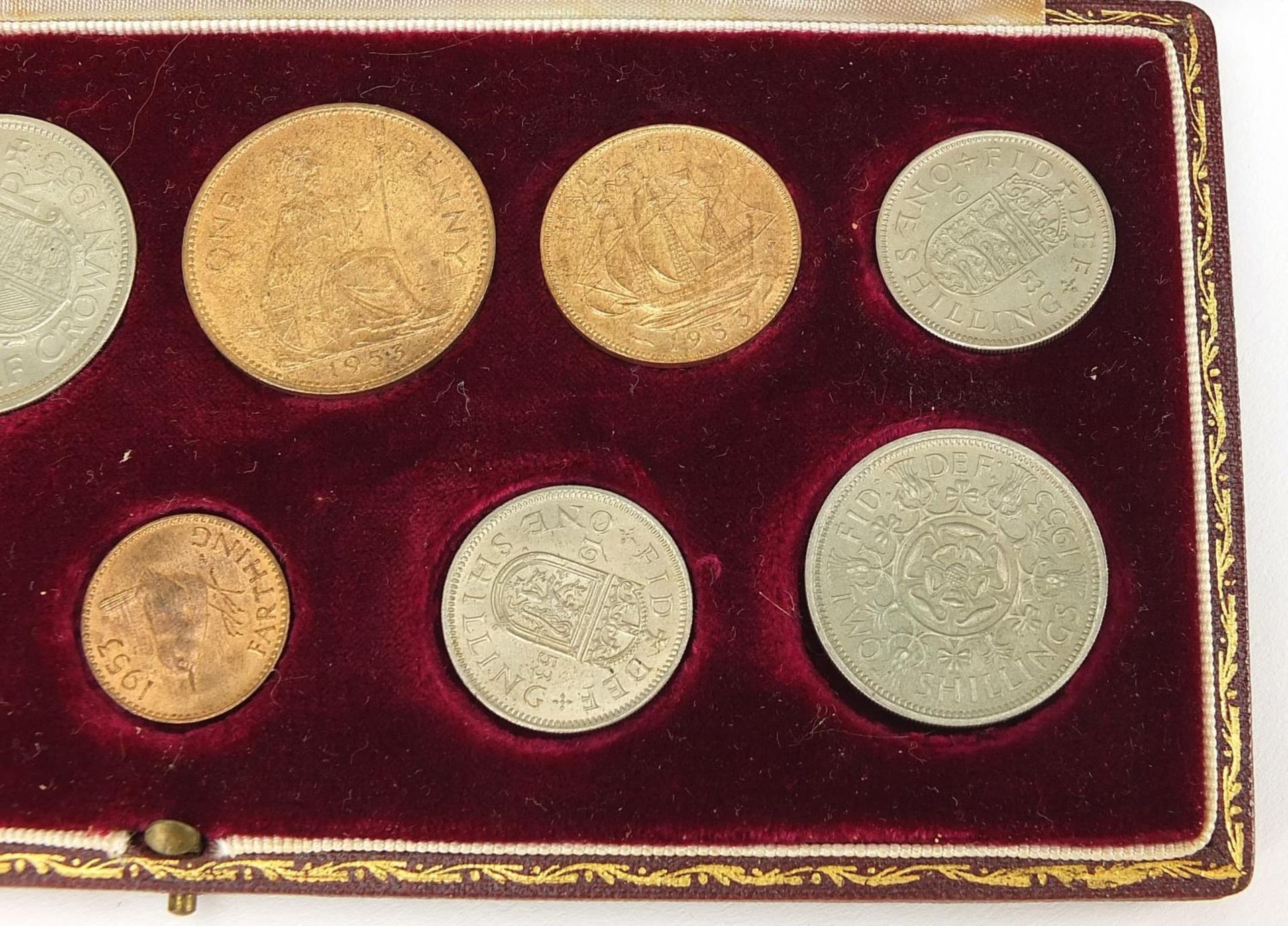 Elizabeth II 1953 specimen coin set housed in a velvet lined tooled leather case, 20cm wide - Image 3 of 5