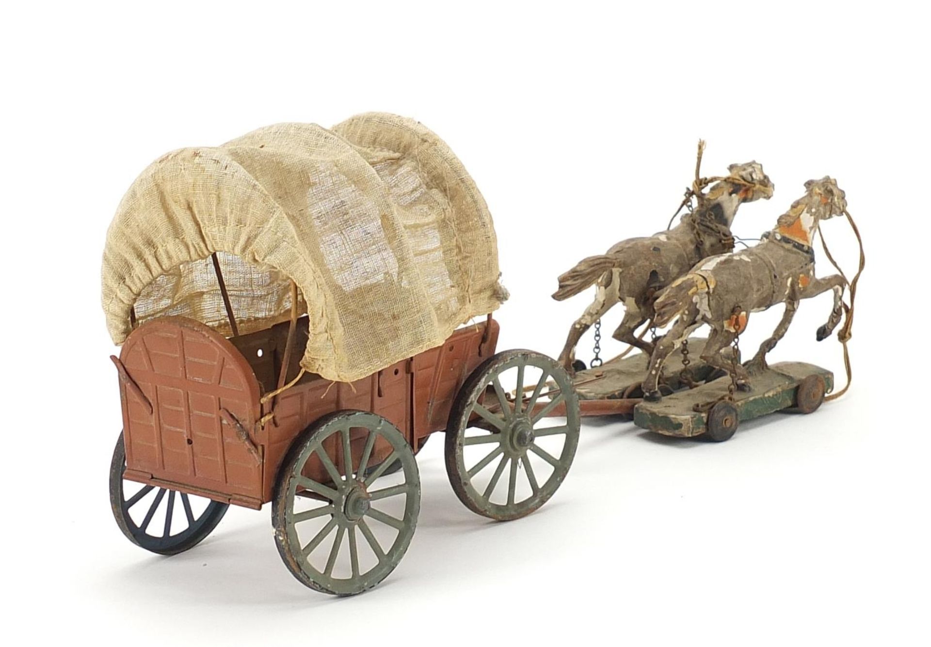 Vintage tinplate wagon with horses, 36cm in length - Image 2 of 3