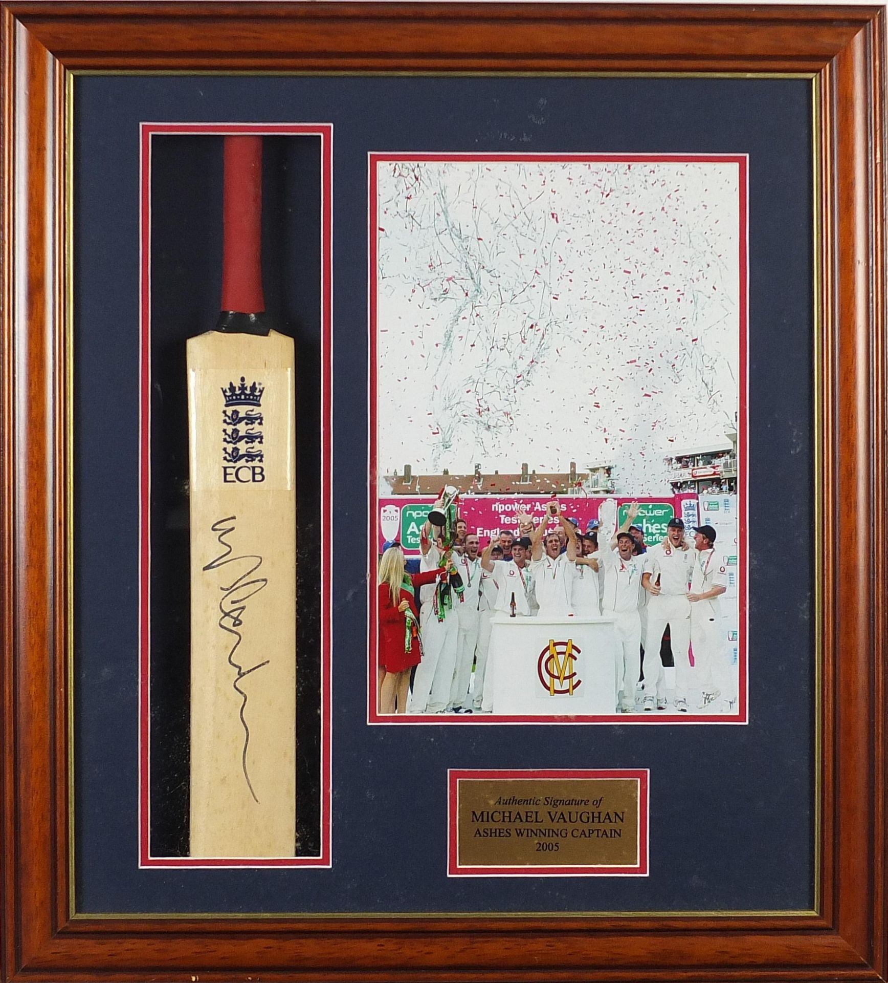 Michael Vaughan signed miniature cricket bat display, mounted, framed and glazed, overall 52cm x - Image 2 of 4