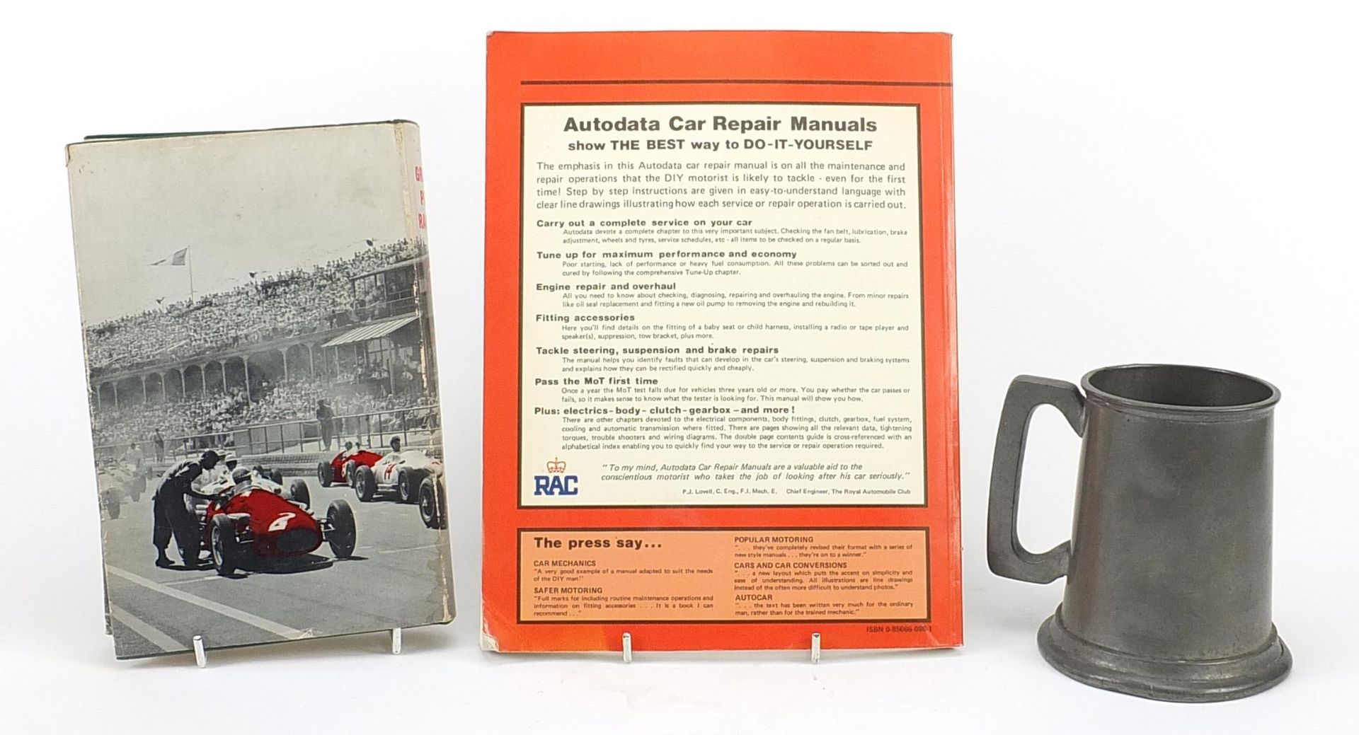 Two motor racing interest books and a pewter tankard engraved BMC Press Day, Cobham July 1961, - Image 2 of 2