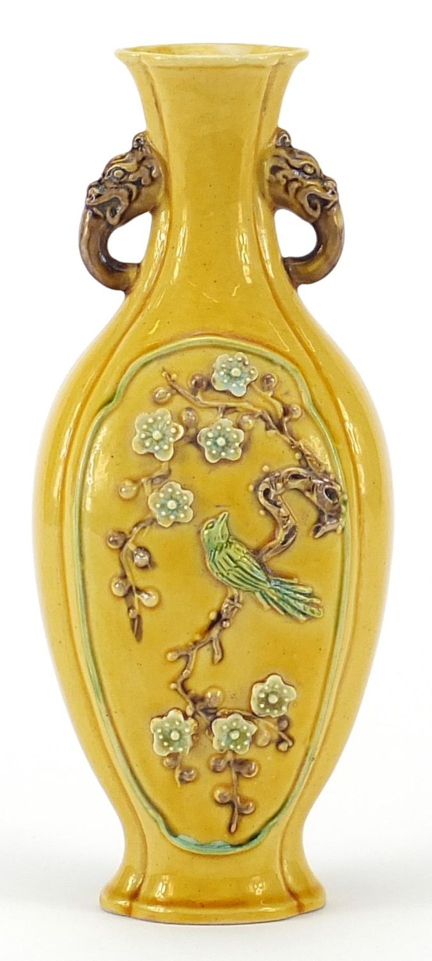 Chinese porcelain yellow ground vase with twin dragon handles, hand painted and decorated in