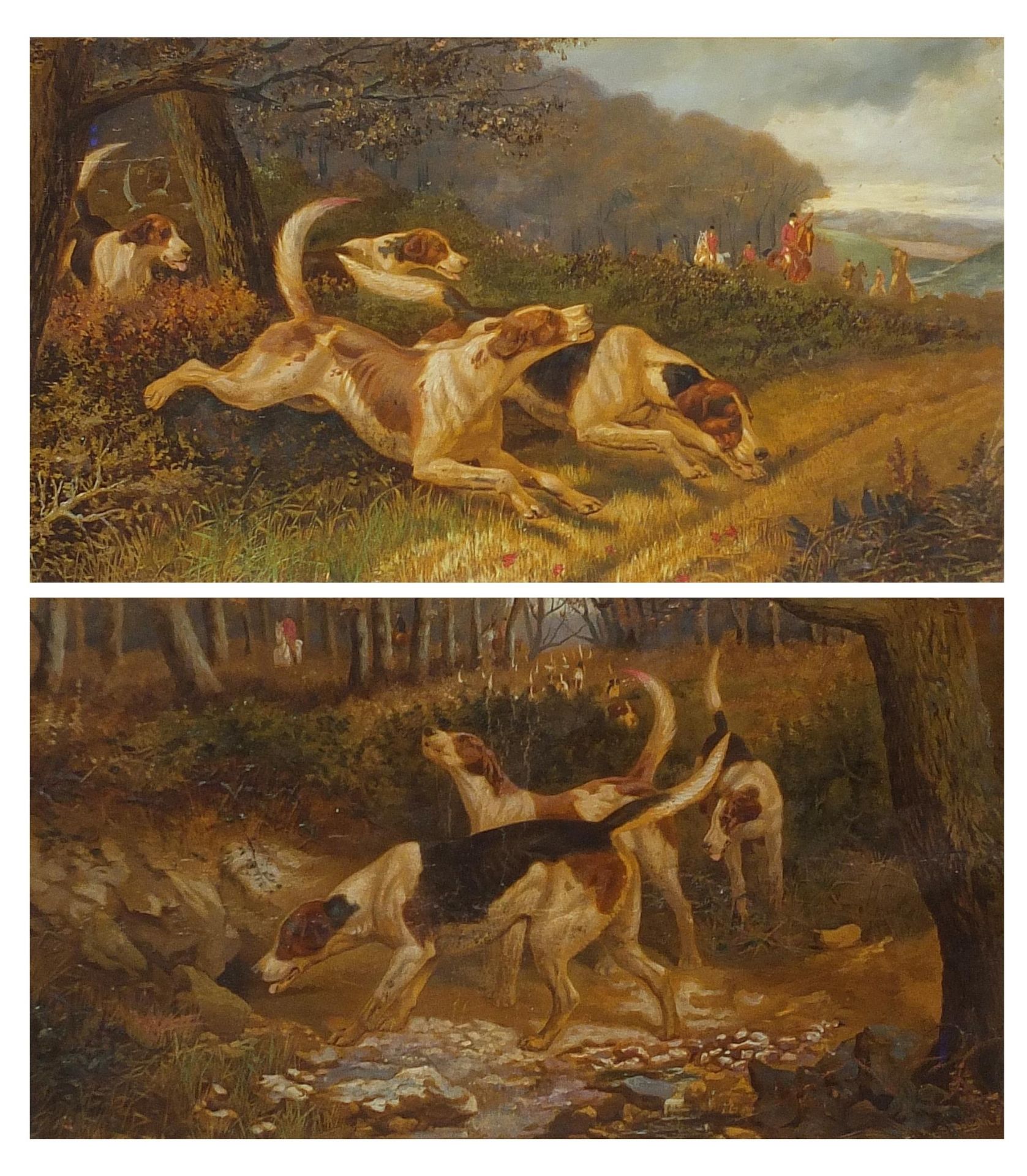 Edward Algernon Stuart Douglas - Foxhounds and huntsmen, pair of heightened prints in colour,