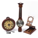 Woodenware including a Victorian mahogany Post Office clock, Committee of London Wall barometer
