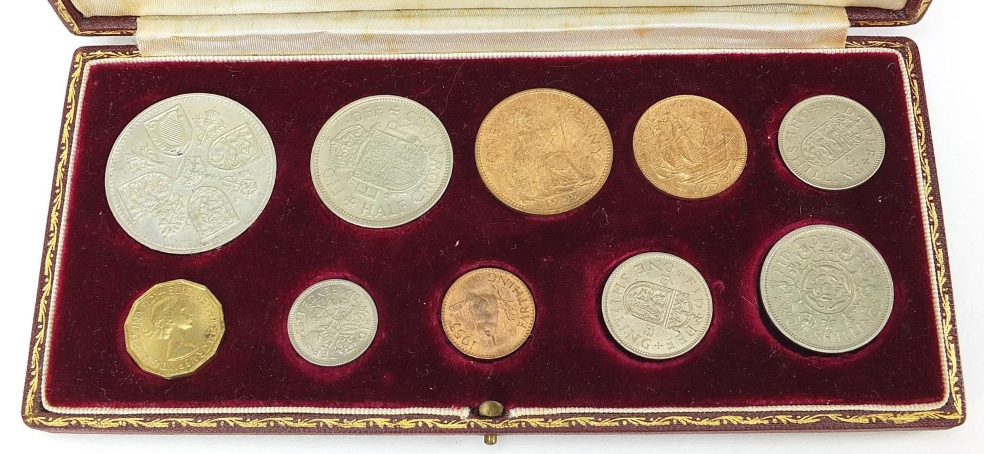 Elizabeth II 1953 specimen coin set housed in a velvet lined tooled leather case, 20cm wide - Image 4 of 5