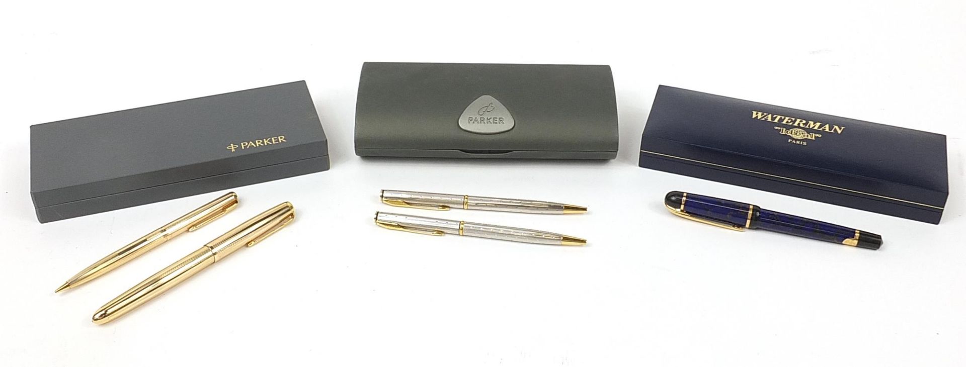 Fountain pens including Watermans Ideal, Parker Insignia and rolled gold Parker 51 fountain pen