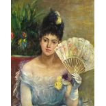 Female holding a fan, continental oil on board, mounted and framed, 49.5cm x 39.5cm excluding the