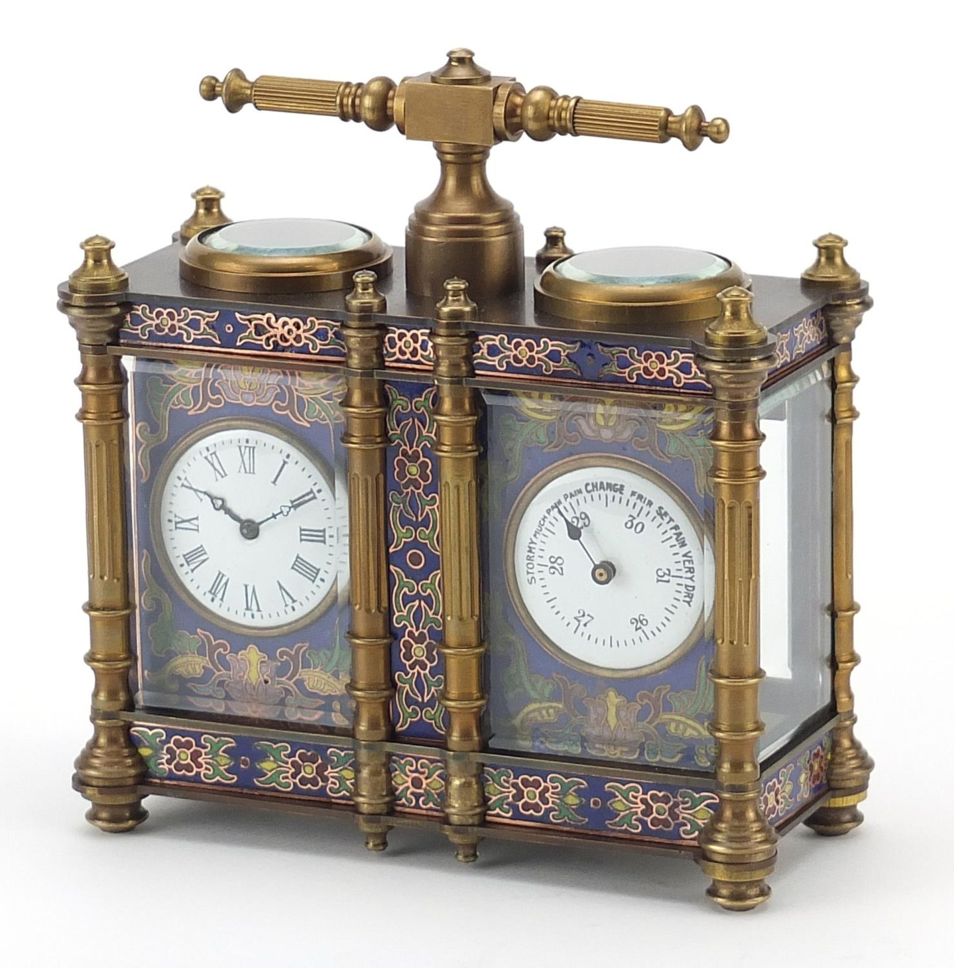Champlevé enamel brass cased travelling timepiece with clock and barometer, 13cm wide The clock