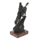 After Frederick Remington, patinated bronze Indian on horseback raised on a square granite base,